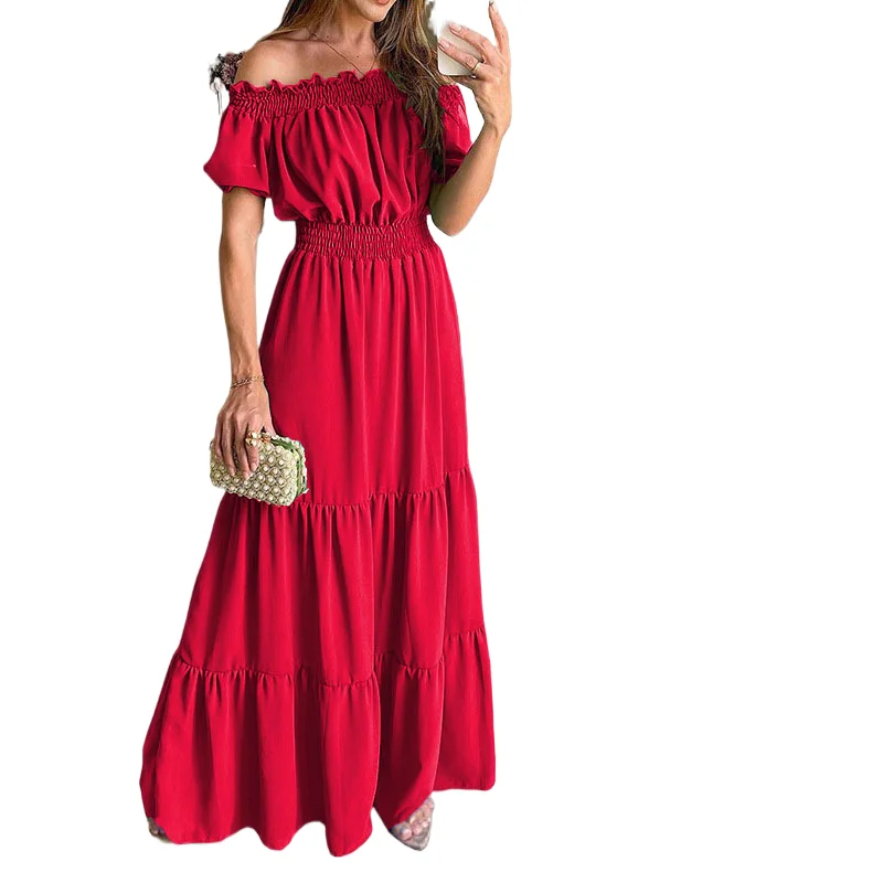 

2023 Summer Vestidos Red Short Sleeve Sexy Club Party Evening Long Dress Slim Solid Color Robe Ruffles Elastic Waist Slash Neck