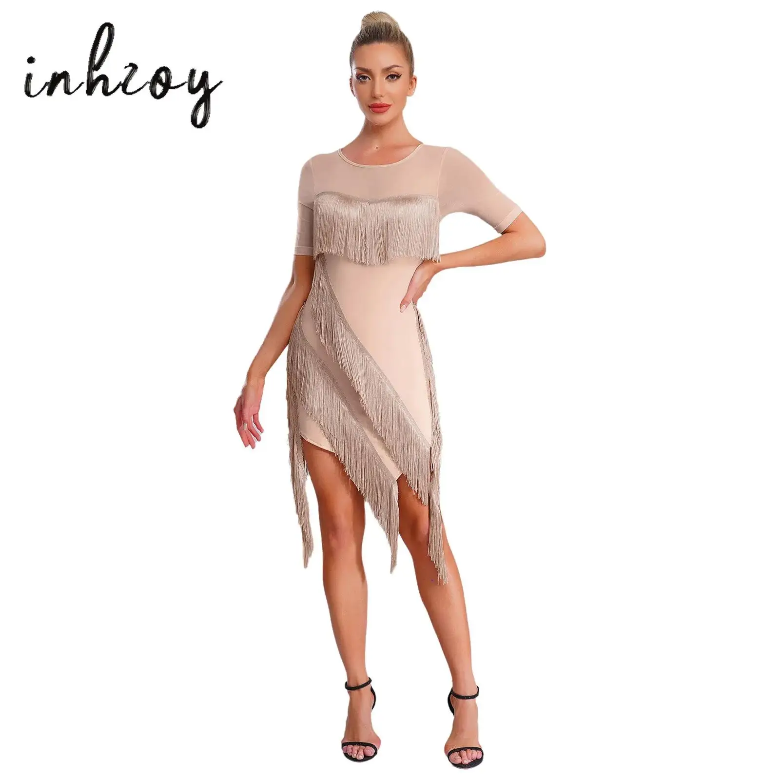 

Women's Latin Tango Dance Dress 2Pcs Tiered Tassel Irregular Hem Short Sleeve Dress+Safety Shorts for Chacha Rumba Salsa Dancing