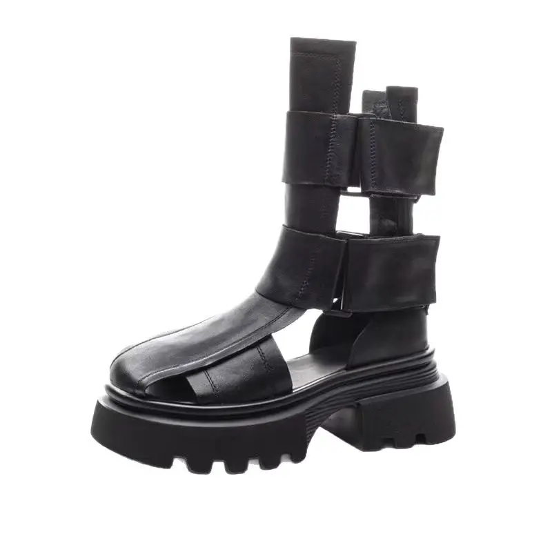 

6CM Moccasins Women Wedge Ankle Boots Retro Summer Ethnic Hook Platform Genuine Leather Knee High Boots Hollow Breathable Shoes