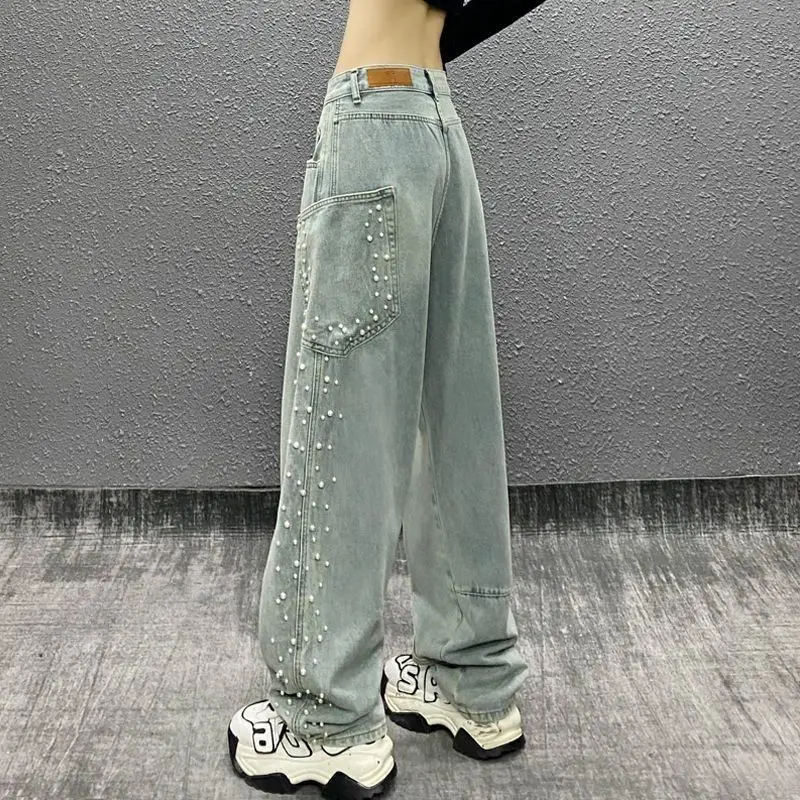 Side Pocket Design Beaded Denim Scimitar Pants Women Spring Summer New Niche High Waist Loose Slim Versatile Straight Pants