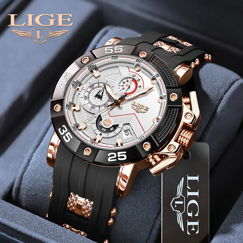 LIGE-Montre à quartz étanche avec bracelet en silicone pour homme, montres chronographes, mode militaire, sport, date, marque supérieure, luxe