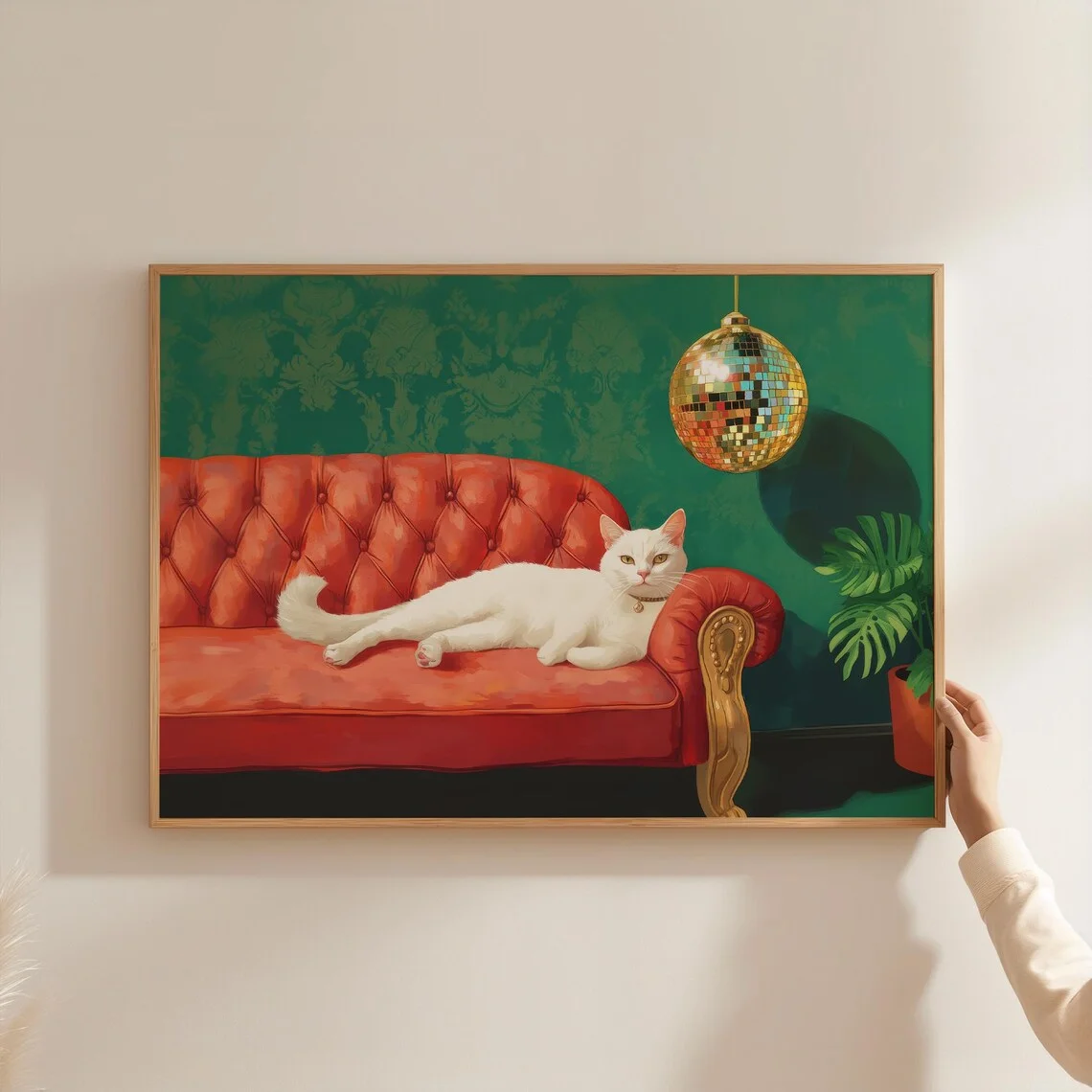 White Cat with Disco Ball Art Print | Cute Quirky Whimsical | Cocktail Art Bar Cart Decor | Fine Art Print | Trendy Home Wall Ar image 4