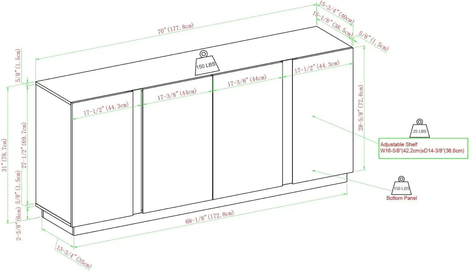 Aparador contemporâneo minimalista de 4 portas Walker-Edison Liss, noz escura, 70"