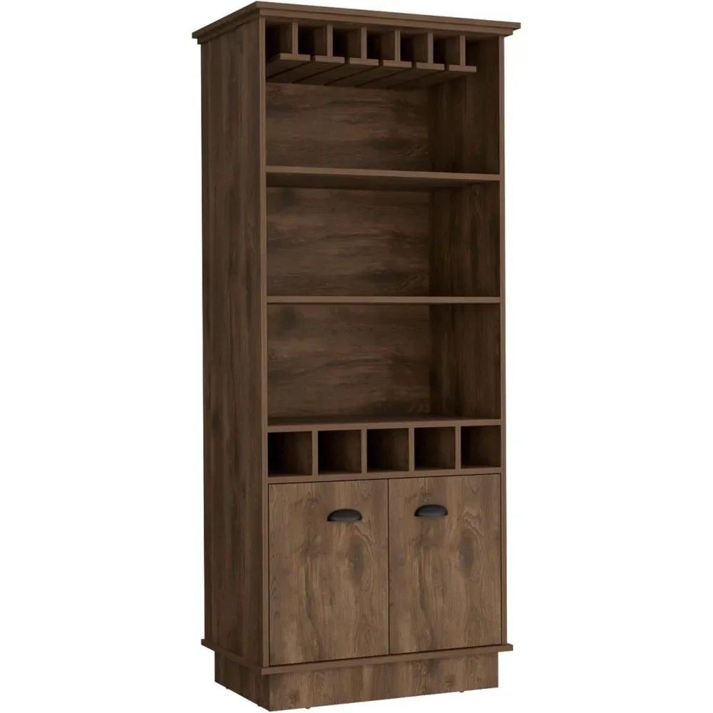 

70" Dark Brown Bar Cabinet with Wine Rack – Upper Glass Cabinet, 3 Open Shelves & Storage Cabinet
