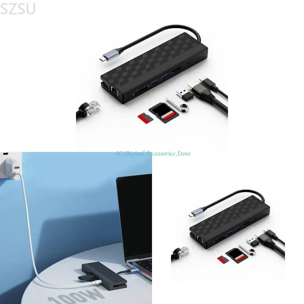 

SZSU USB C HUB GIGABIT ETHERNET USB C ADAPTER 7 в 1 с 2XUSB3.0 4K30HZ GIGABIT Ethernet и PD100W Слоты карт памяти PD100W