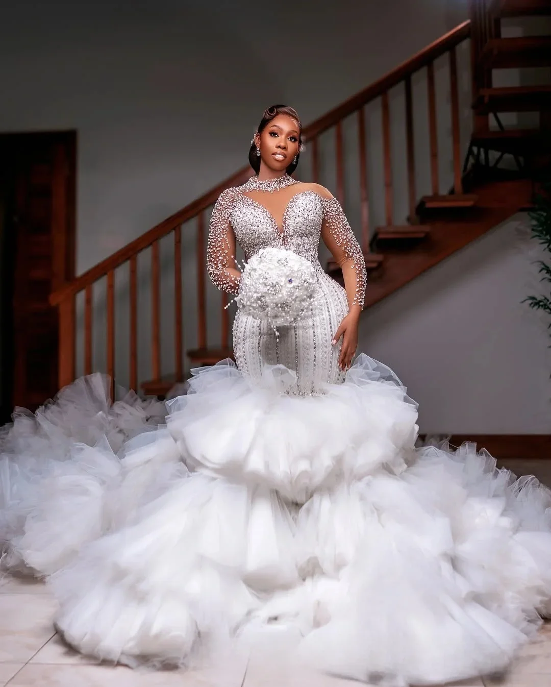 Customized  Sparkly Pearls Rhinestones Wedding Dress Robe De Mariée Long Sleeves Luxurious Puffy Tiers Tulle  Bridal Gown