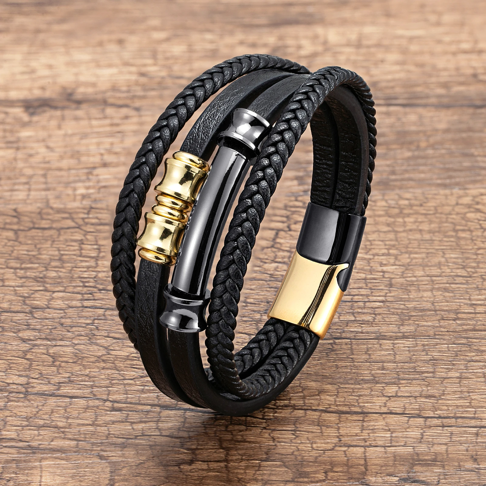 Punk Multilayer Weave Leather Bracelet Luxury Stainless Steel Bead Accessory Bracelets For Men Boys Gift Jewelry Wholesale