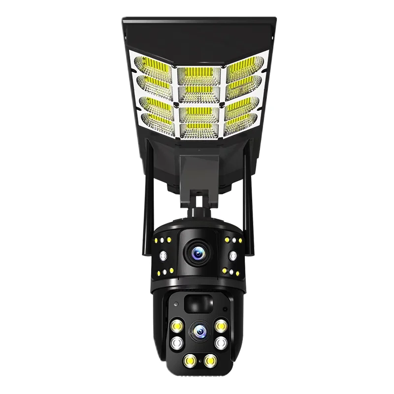 V380 Telecamera alimentata a batteria solare da 4 MP CCTV a energia solare 4G IP PTZ Doppia lente 3 schermi Telecamera e lampione
