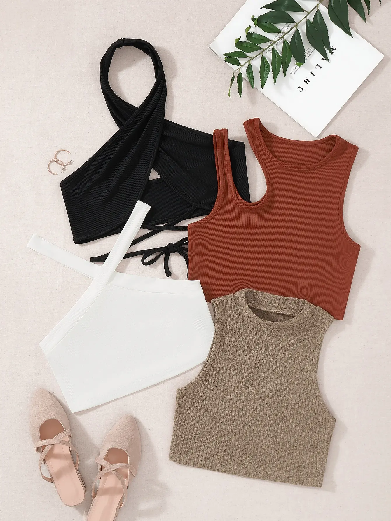 

4pcs Women's Ribbed Knit Crop Tank Tops with Strappy Back, Solid Colors for Casual & Layering