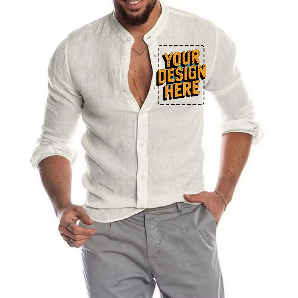 Custom Your Logo Cotton Linen Men's Long-sleeved Shirts Summer Solid Color  Stand-up Collar Casual Beach Style