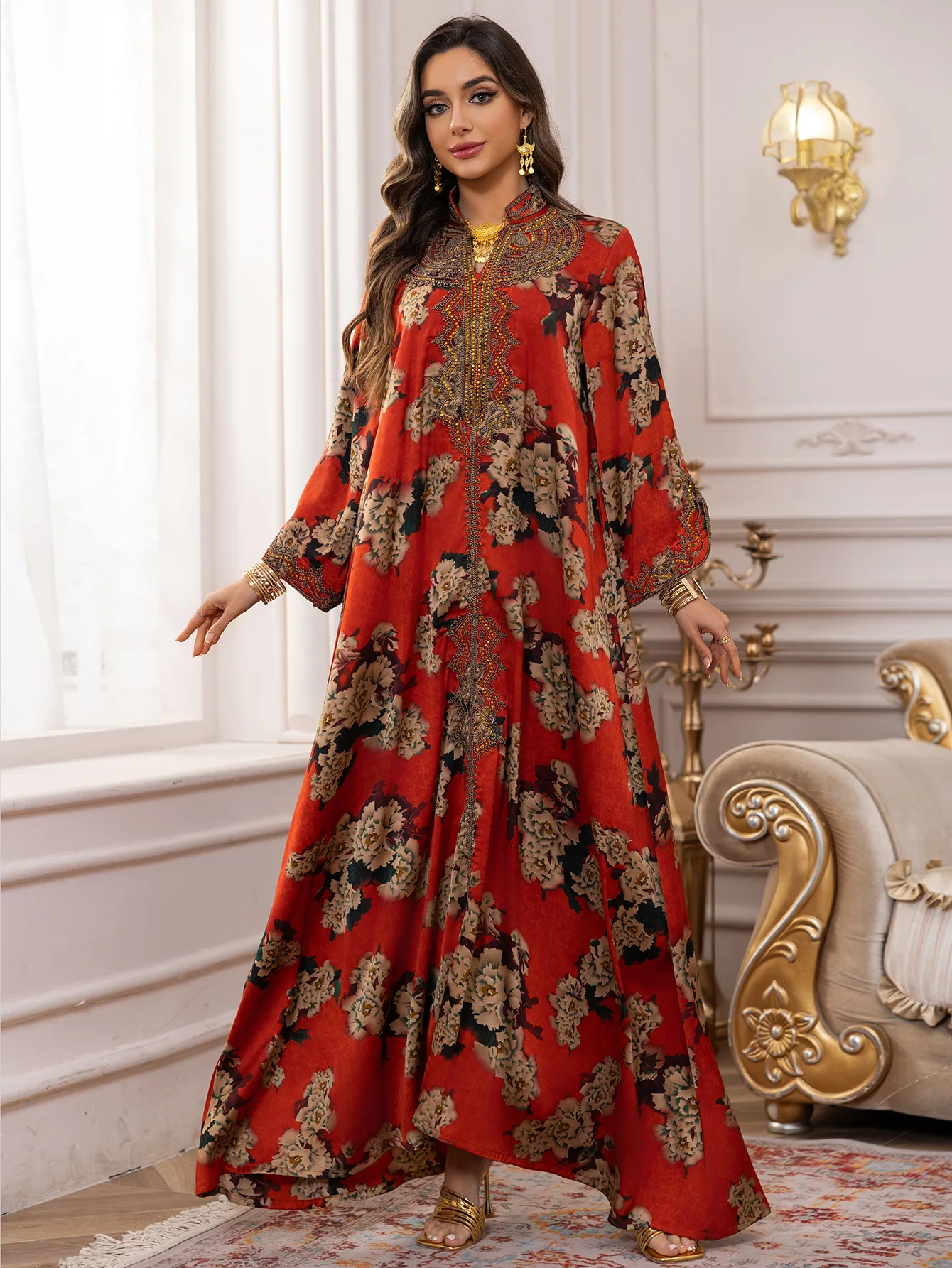fitted lace wedding dress National Style Women's Abaya Dress with Large Swing Hot Diamond V-Neck  Muslim Dress Robe with Belt at Amazon Women's Clothing store main image 1
