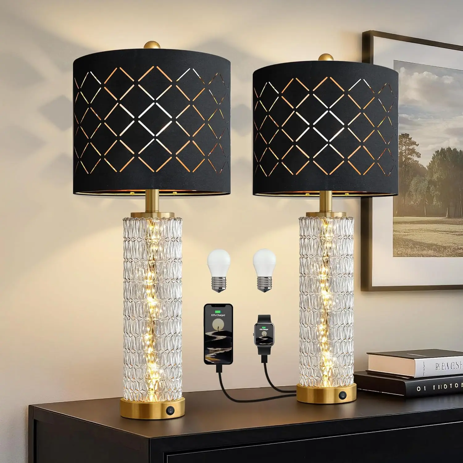 

Set of 2 Modern Gold Table Lamps with Crystal Nightlight, USB Ports, Black Grid Shade for Living Room and Bedroom