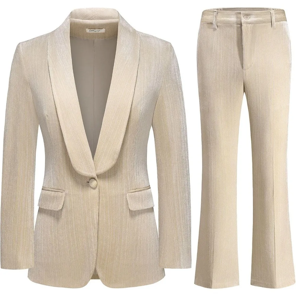 Women Pantsuit Dressy Silver Thread Velvet 2 Piece Suit Set Blazer and Flared Pants