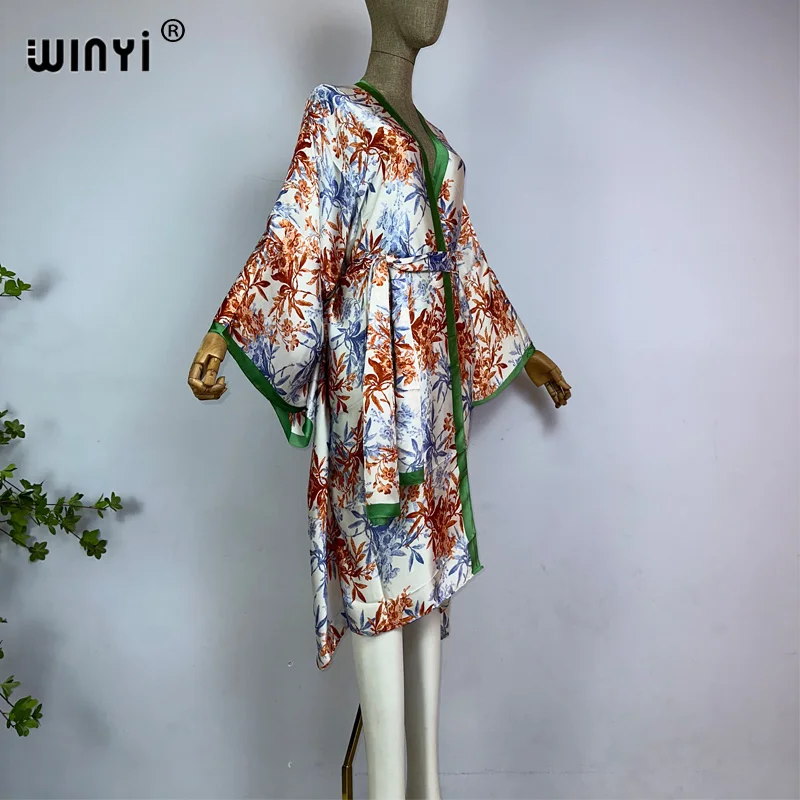 WINYI kimono artystyczny nadruk elegancka z wszytym paskiem stroje plażowe dla kobiet letnie stroje kąpielowe kobiety 2023 zakryć sukienka boho