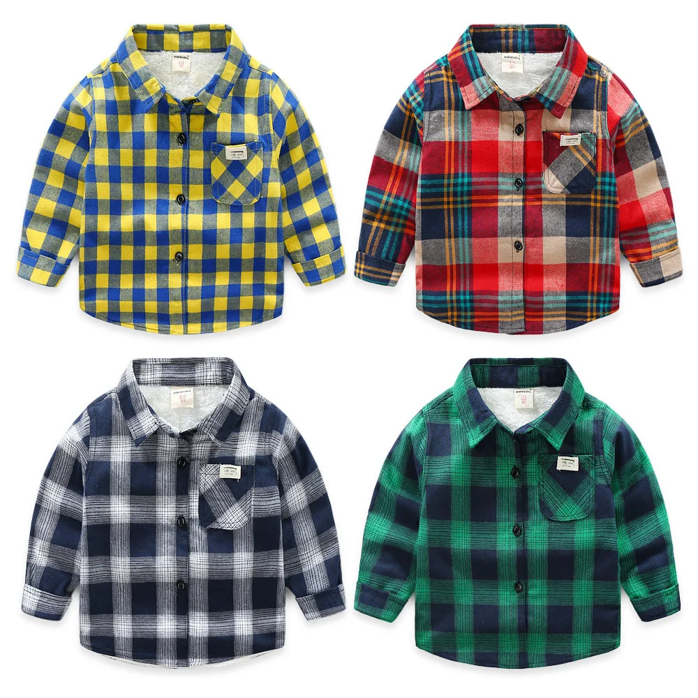 2018 Autumn Winter Boys Shirts Long Sleeve Cotton Children Shirts for Boys Thick Fleece Warm Plaid Shirts BC400