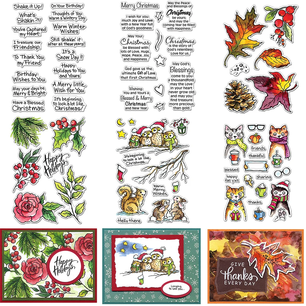 Weihnachts blätter Blume Eichhörnchen und Eulen klare Briefmarken Segen Gruß wörter Stempel für DIY Scrapbooking-Karte machen Handwerk