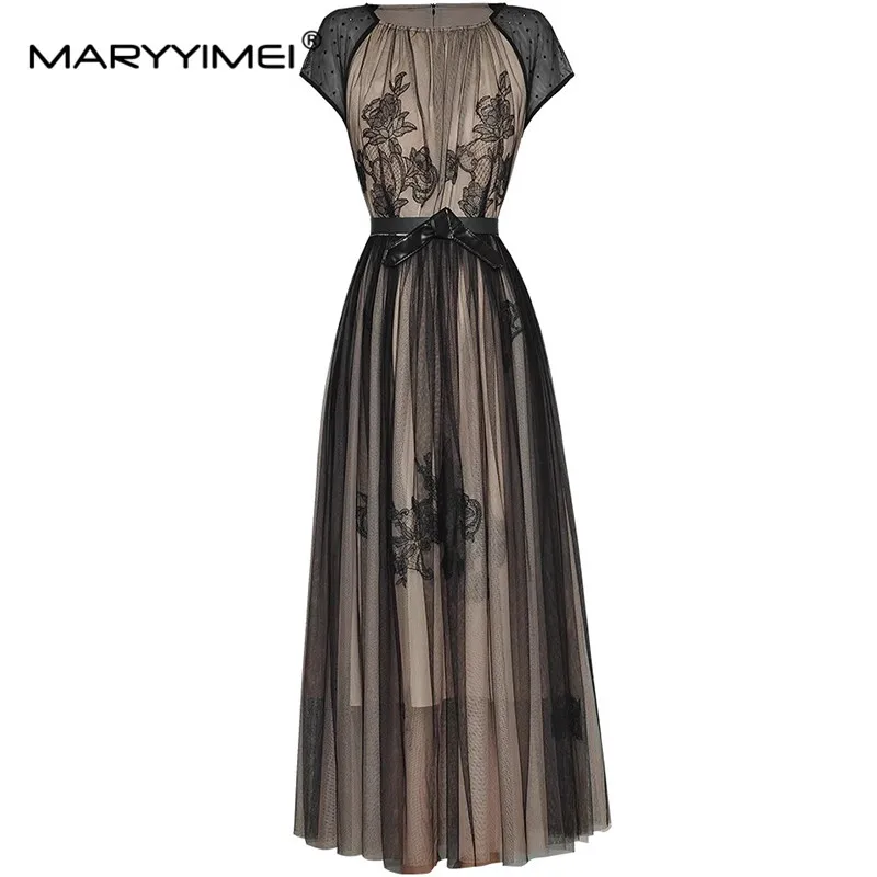 

MARYYIMEI New Fashion Runway Designer Dress Women's Mesh Embroidery Lace-UP Hot Diamond Short-Sleeved Black Dresses