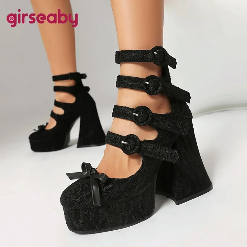 

Girseaby Роскошные женские туфли-лодочки из флока, замшевые туфли с круглым носком на массивном каблуке 12 см, на платформе с бантом и пряжкой на ремне, большой размер 42 43 Туфли для свиданий