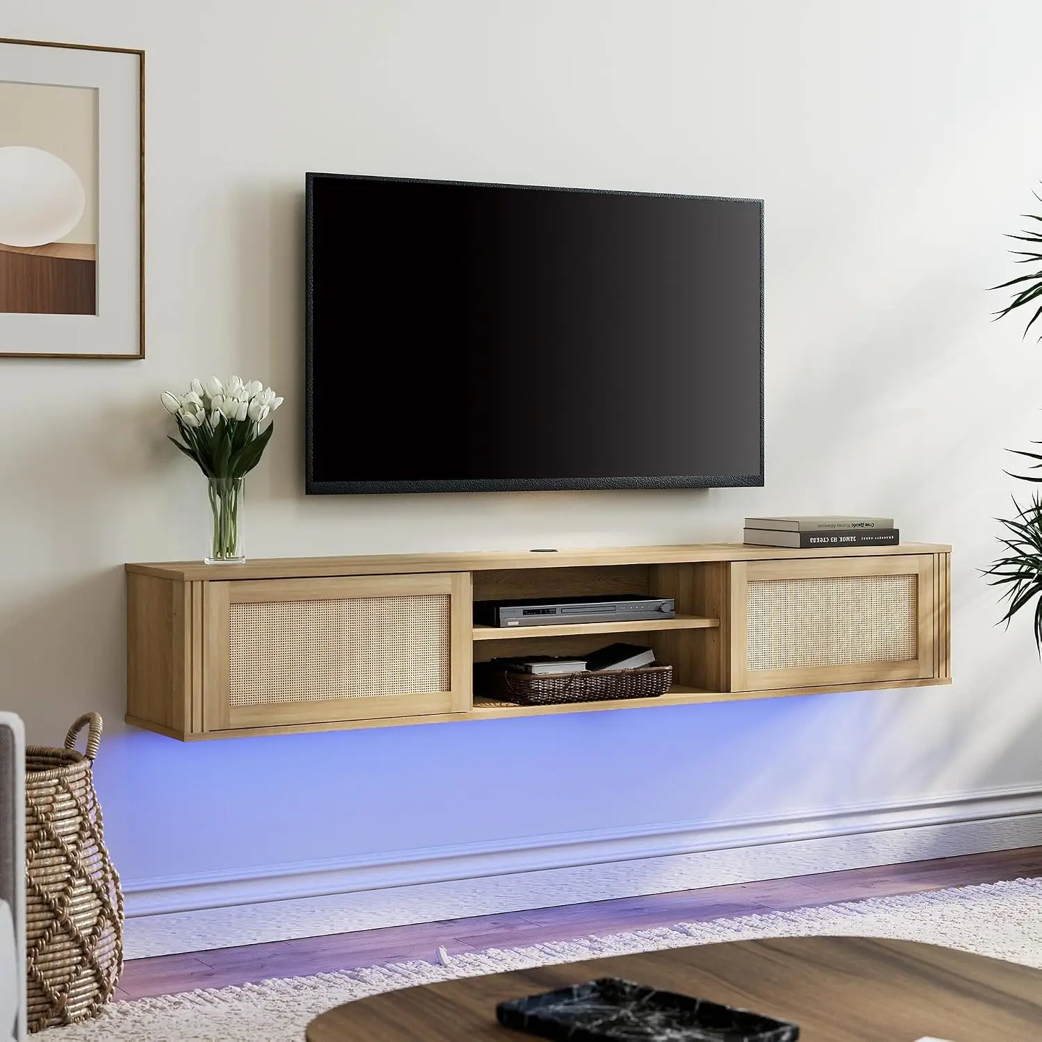 LED Floating TV Stand with Built-in Power Outlet, 2 Tier Media Console with Rattan Doors for TVs Up to 80