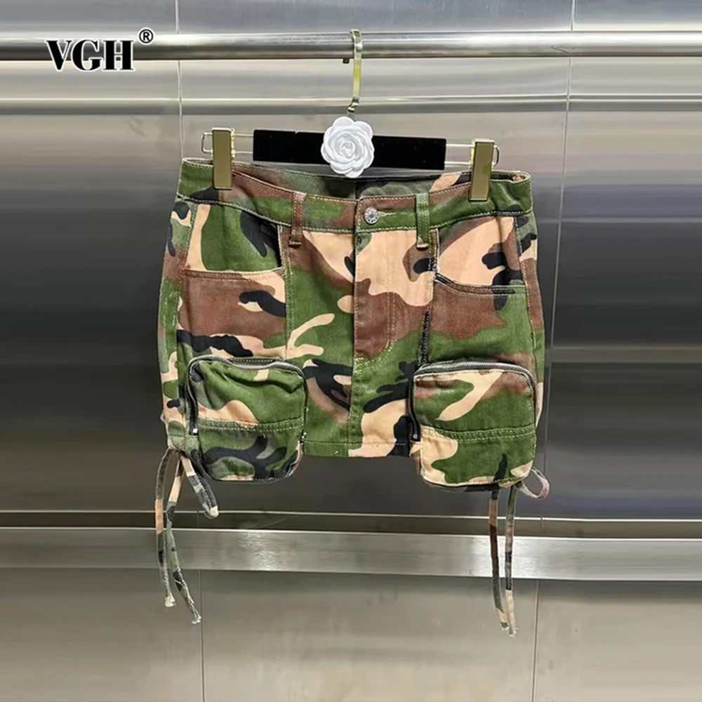 

VGH Hit Color Camouflage Printing Patchwork Lace Up Casual Skirts For Women High Waist Spliced Zipper Bodycon Skirt Female New