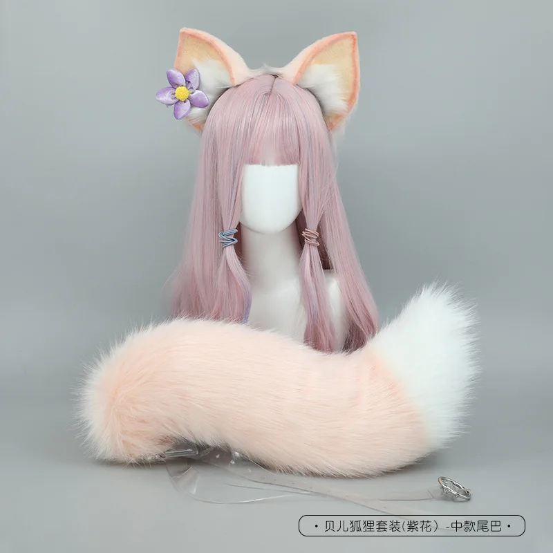Pink Plush Lolita Fox Cat Ears and Tail Cosplay Props Handmade Furry Beast Headband Simulation Anime Cosplay Kawaii Accessories