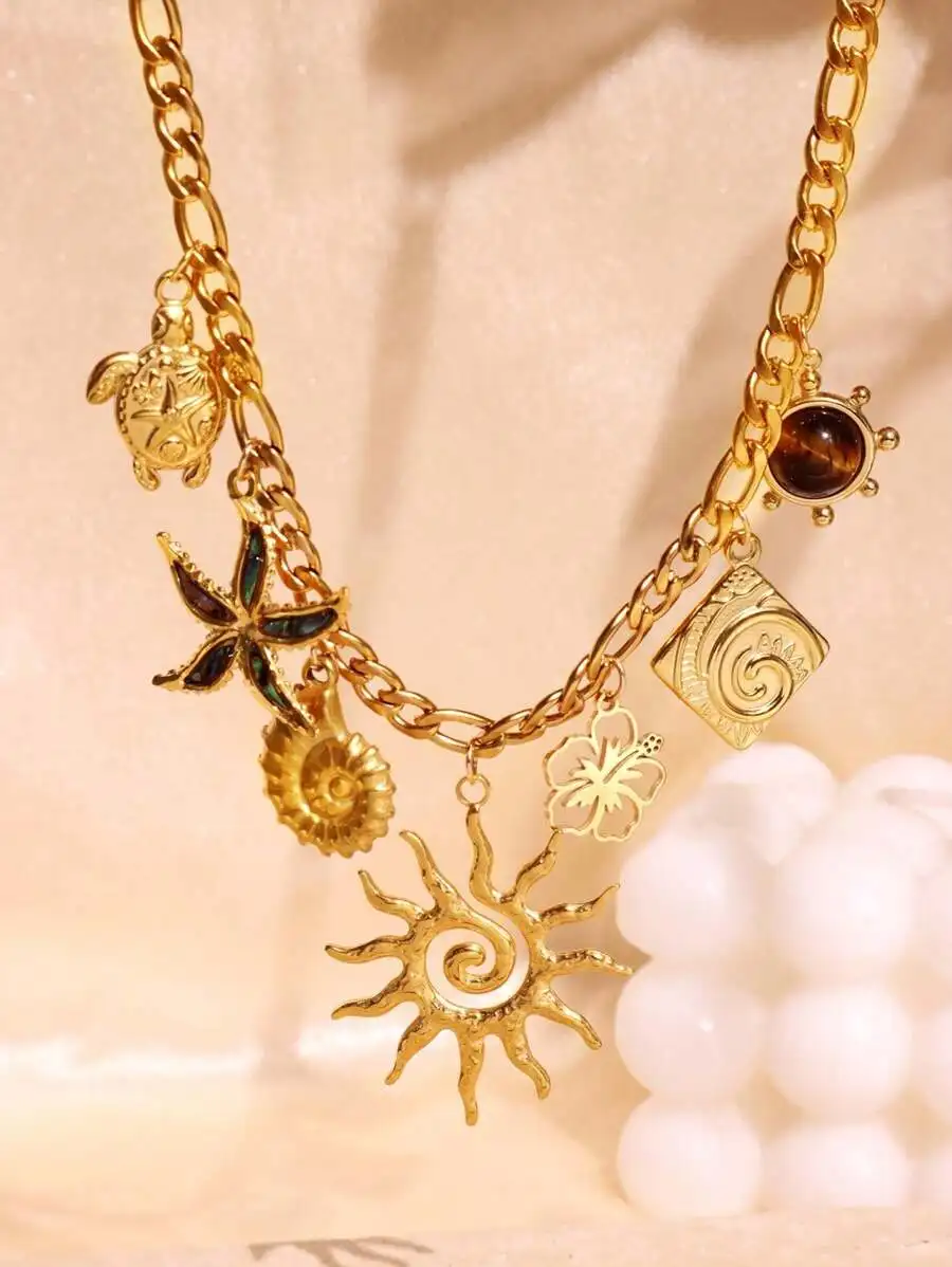

Vintage Style Gold Tone Chain Pendant Necklace With Turtle Seashell Star And Flower Charms For Women