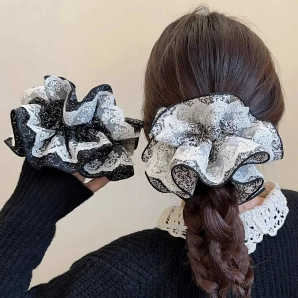 Ikat Rambut Renda Bunga Gaya Perancis Lapisan Ganda Ukuran Besar Ikat Rambut Wanita Temperamen Elegan Tali Rambut Besar