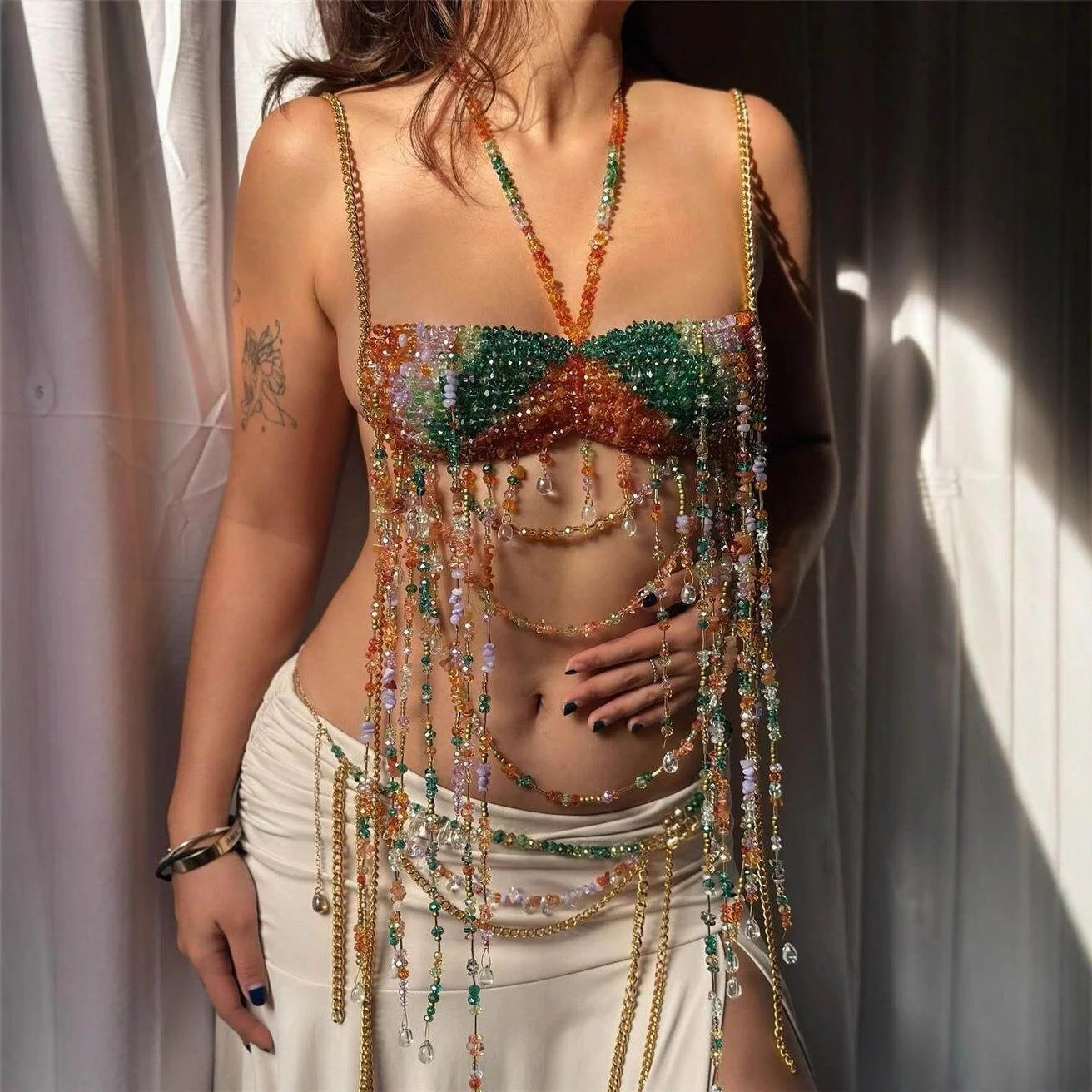 

New Pearl Fringe Body Chain Necklace Women's Outerwear Trendy Chest Decorations Sexy Girls Cross-Border Seven Sleeve Length