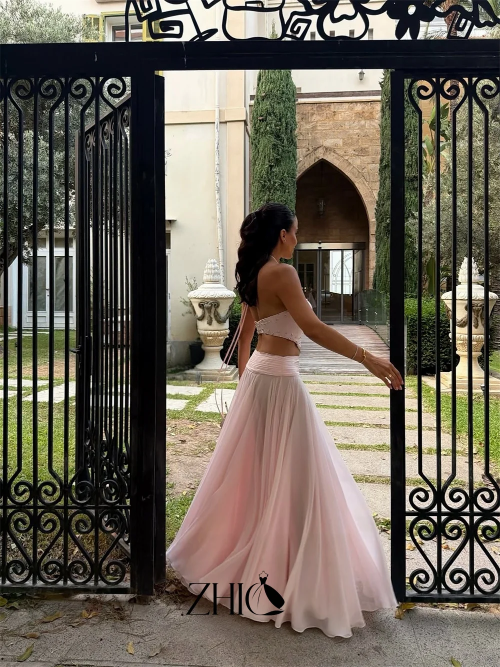 ZHIO Pink Halter Neck A-Line Evening Dress Beaded Rhinestone Chiffon Floor Length Formal Prom Party Gowns For Women Customized