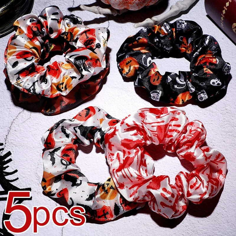 1/5PCS Halloween Decoration Women Pumpkin Spooky Scrunchie Elastic Headband Ponytail Holder Headband Hair Accessories Hair Ties