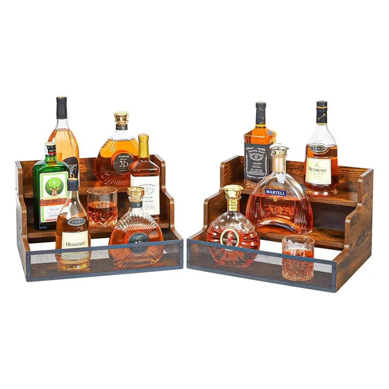 Two Sets of Iron and Wood Combined Tabletop Wine Racks, Red Wine and Whiskey Countertop Storage Racks, Multi-Layer Foreign Wine