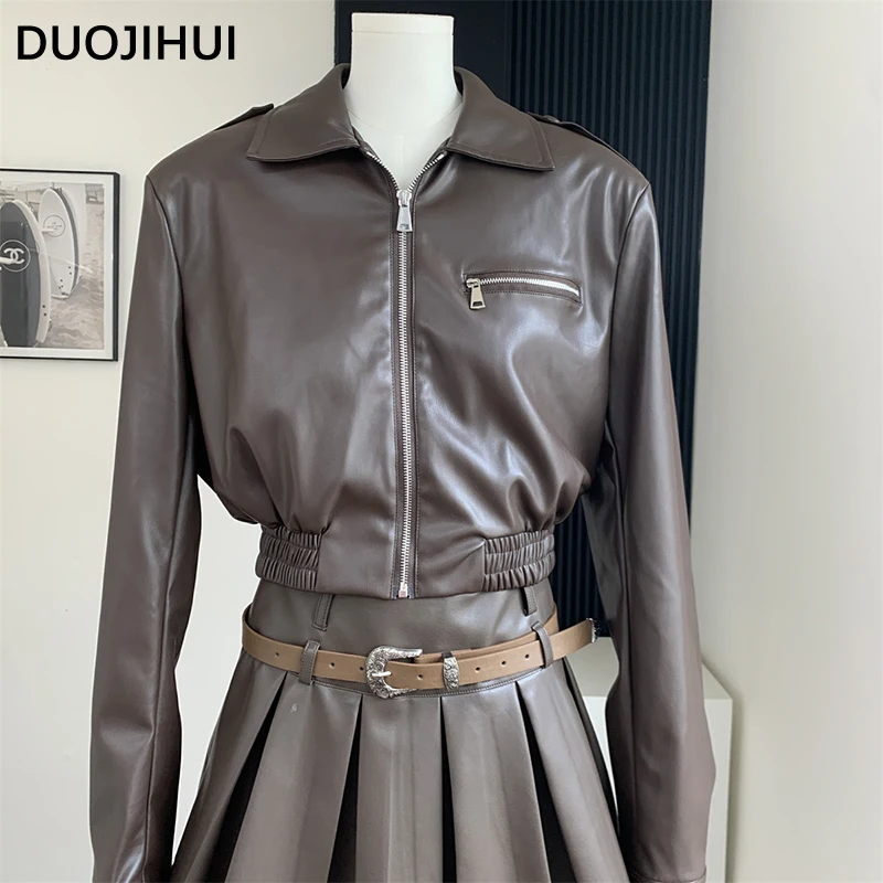 DUOJIHUI Two Piece New Casual Chic PU Women Skirts Autumn Fashion Zipper Jacket Loose Belt High Waist Slim Simple Female Skirts