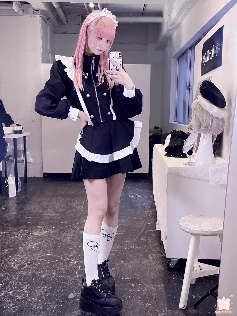 Japanese Rojita Harajuku Black Punk Mine Girl Gothic Style Cute Suit Women\'s Clothes Zipper Long Sleeved Coat And Skirts Outfits