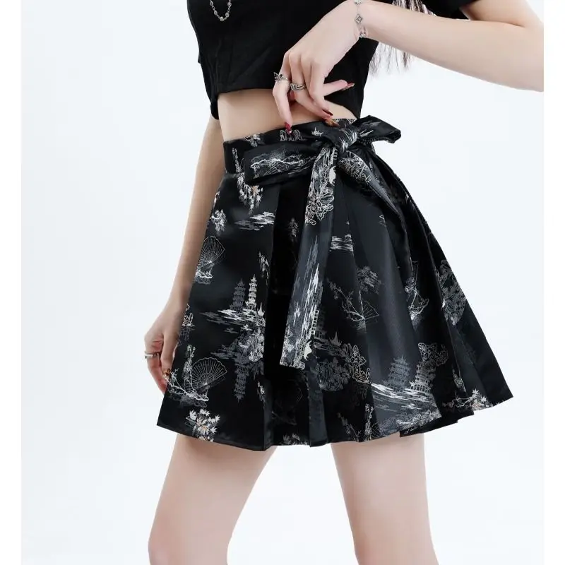 

Black Floral Horse Face Skirt Half Skirt Women Summer Show Fashionable and Simple Figure High Waisted A-line Pleated Short Skirt