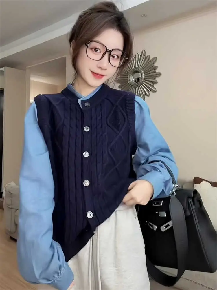 Spring New Fashion Style Slimming Versatile Top Denim Shirt Patchwork Fake Two-piece Knitted Sweater for Women Blouses Shirts