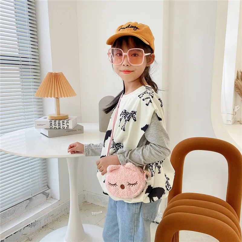 Cute Plush Children Shoulder Bag Cartoon Small Cat Fleece Coin Purse for Baby Girls Fashion Messenger Bag Kids Birthday Gifts
