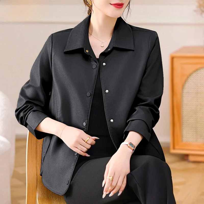 Sli Mommy Herbstmode 2024 Neue Oberbekleidung Kleine Größen Trendige Verjüngende Lederjacke für Frauen Mittleren Alters Frühling Herbst
