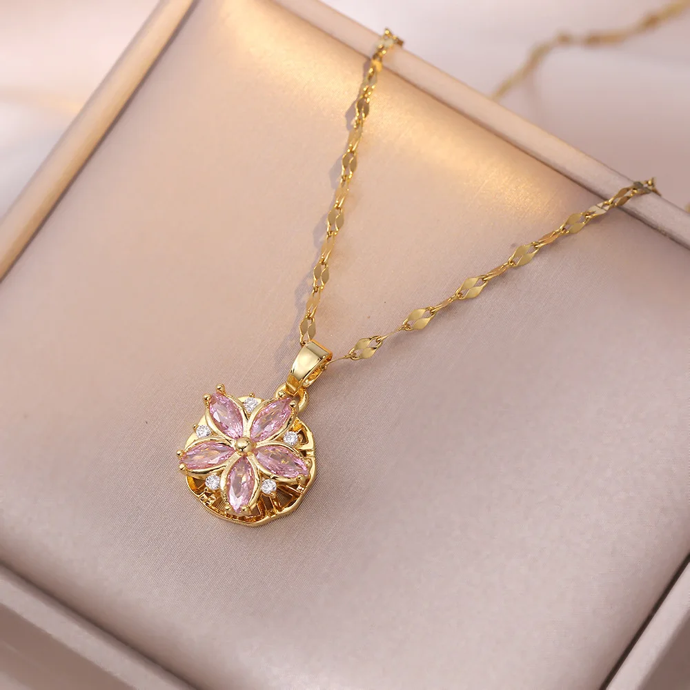 Pink Zircon Flower Ring & Stud Earrings Necklace Bracelet Set