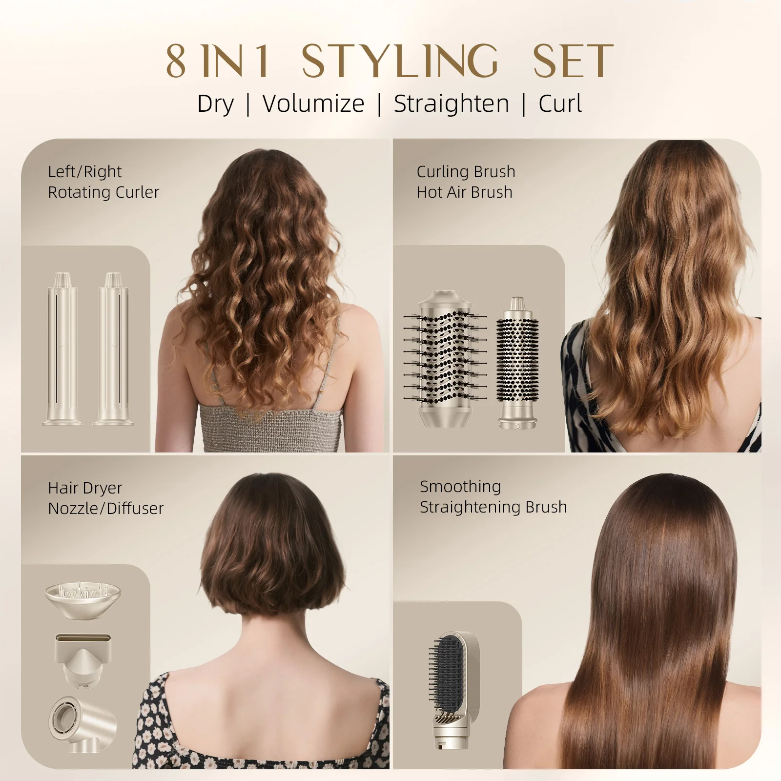 فرشاة مجفف الشعر بدون فرش 8 في 1 مجفف شعر مع موزع مجفف نفخ أيوني مشط تصفيف الهواء الساخن مموج الشعر #1