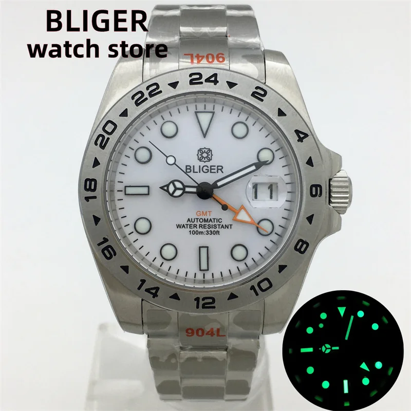 BLIGER 40mm/43mm Japan NH34 GMT Men\'s mechanical watch green luminous white dial sapphire glass stainless steel strap