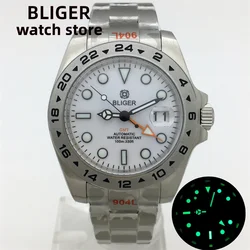 BLIGER-reloj mecánico japonés NH34 GMT para hombre, pulsera de acero inoxidable con esfera blanca luminosa y verde, cristal de zafiro, 40mm/43mm