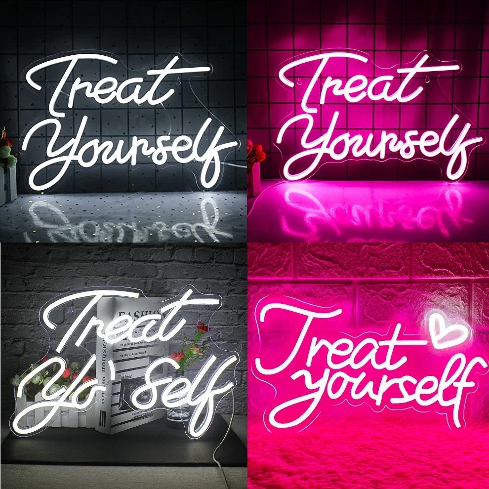 

Светодиодные неоновые вывески Treat Yourself для декора стен с регулируемой яркостью, украшение комнаты с буквами для спальни, вечеринки, бара, клуба, светящиеся вывески