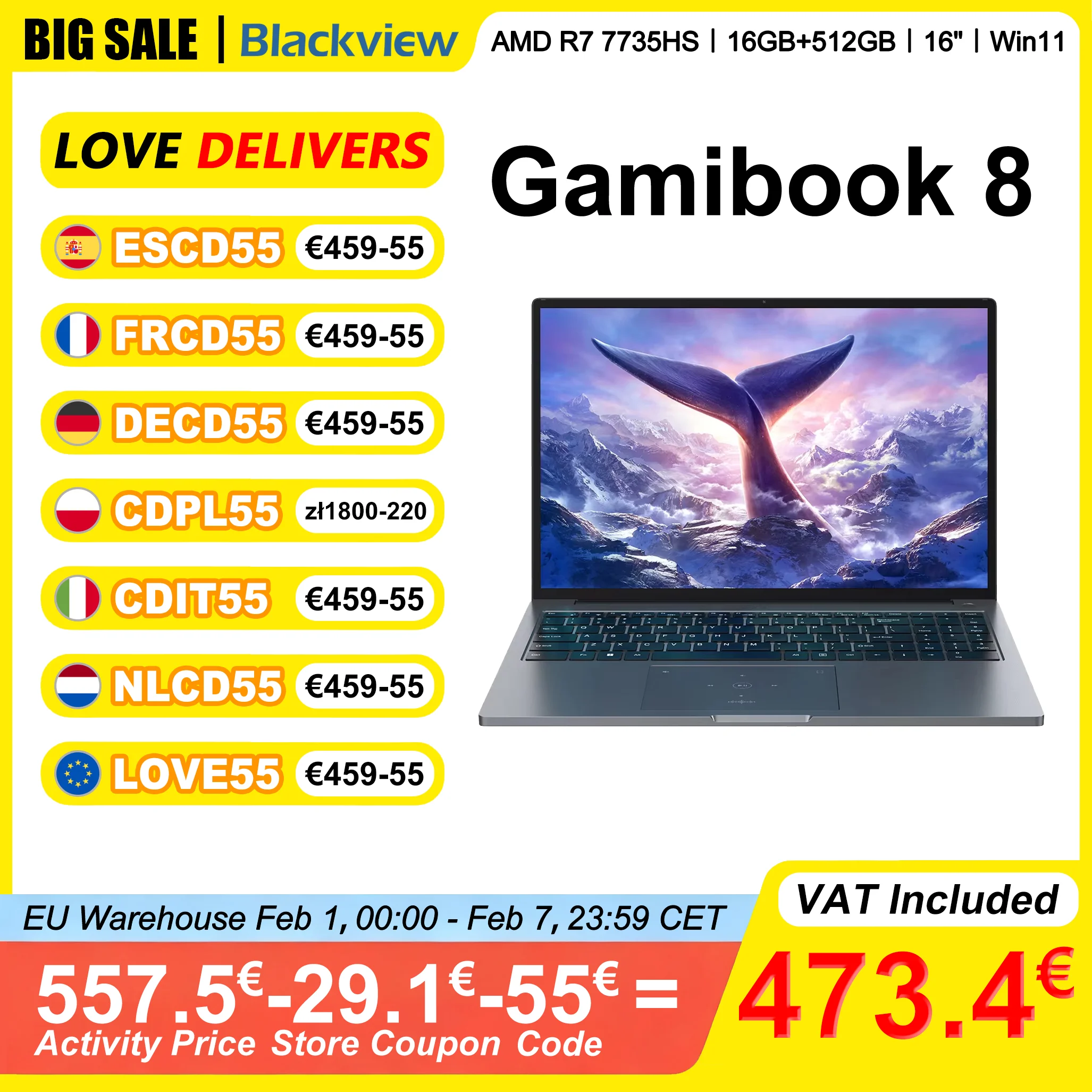 Blackview ‎ GamiBook 8 Laptop 16 Inch AMD R7 7735HS LPDDR5 16GB/32GB RAM 512GB/1TB ROM Windows 11 Pro BT5.2 Wifi6