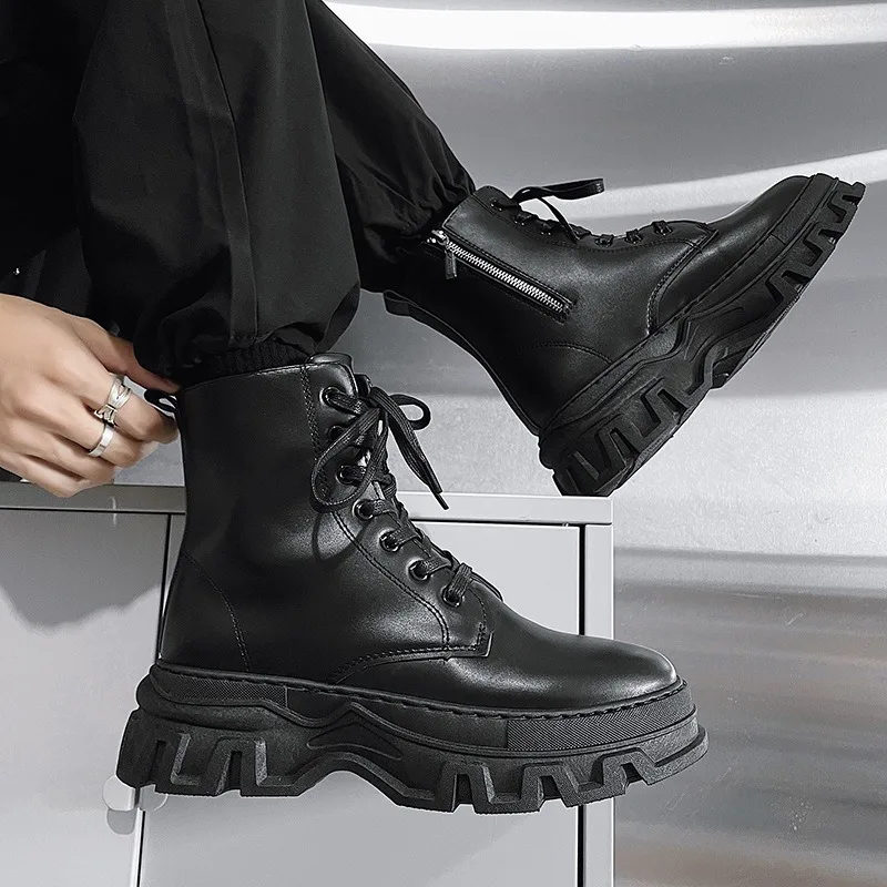 Herren Leder Mode Stiefel Designer Wasserdichte Schwarze Kurze Stiefeletten für Männer Neue Outdoor Plattform High Top Motorrad Stiefel