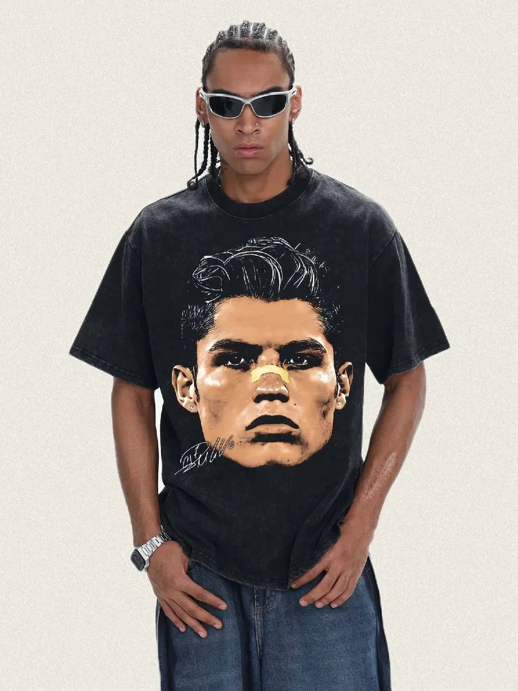 Men's Heavyweight Short-Sleeve T-Shirt Cristiano Ronaldo American Retro Star Print Street-Style Graffiti Base Layer