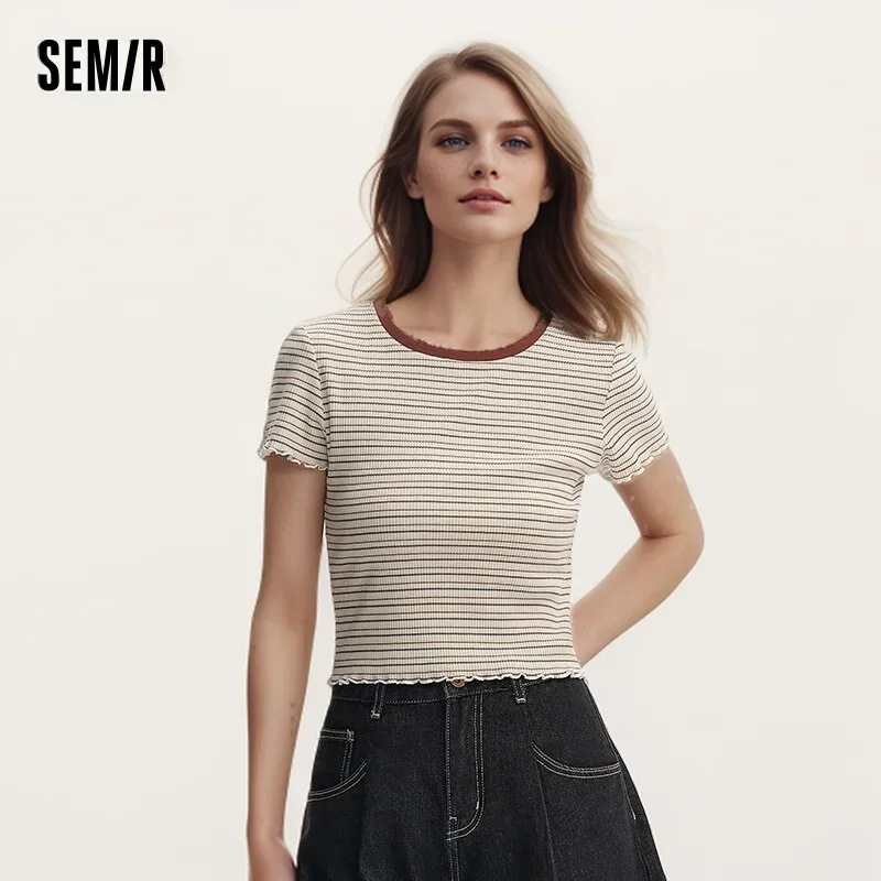 Semir Short-Sleeved T-Shirt For Women Short And Slimming With Ruffled Edges New In 2024 Summer Striped Top