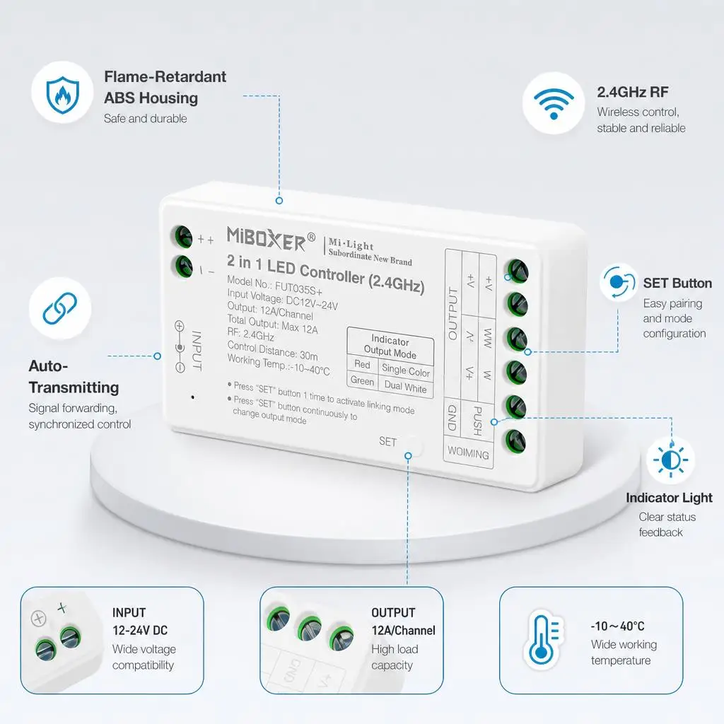 MiBoxer FUT035S+ FUT006 FUT007 FUT094 DC12-24V 2.4GHzRF 2in1 Dual/Single White COB Smart LED Strip Light Dimmer Controller