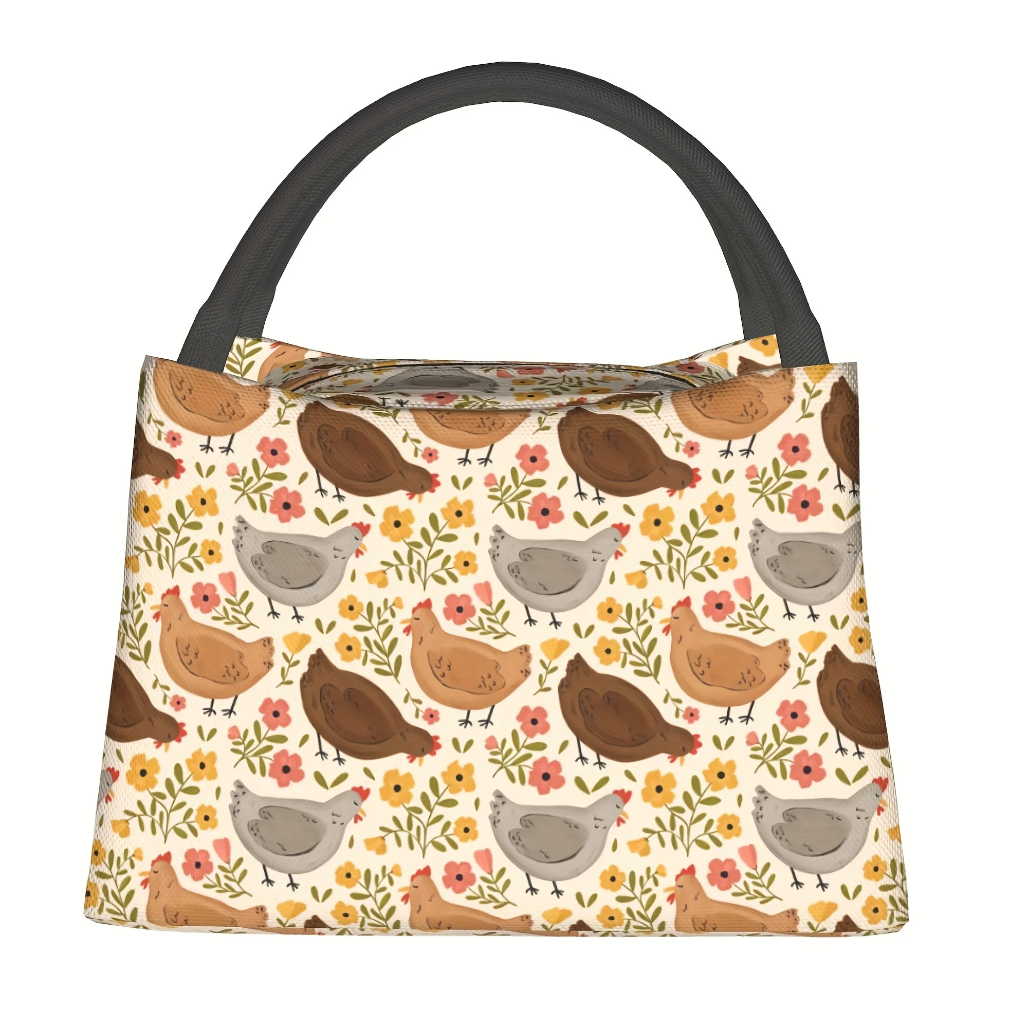 Chic Chick Floral Insulated Lunch Bag Reusable Portable Cooler For Work, Picnics, Beach Hikes | Durable Polyester Hand Washable