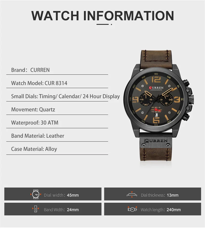 Curren Hot Selling 8314 Luxury Fashion  Men Watch Business Leather Quartz Waterproof Six Needle Date Casual  Relogio Masculino