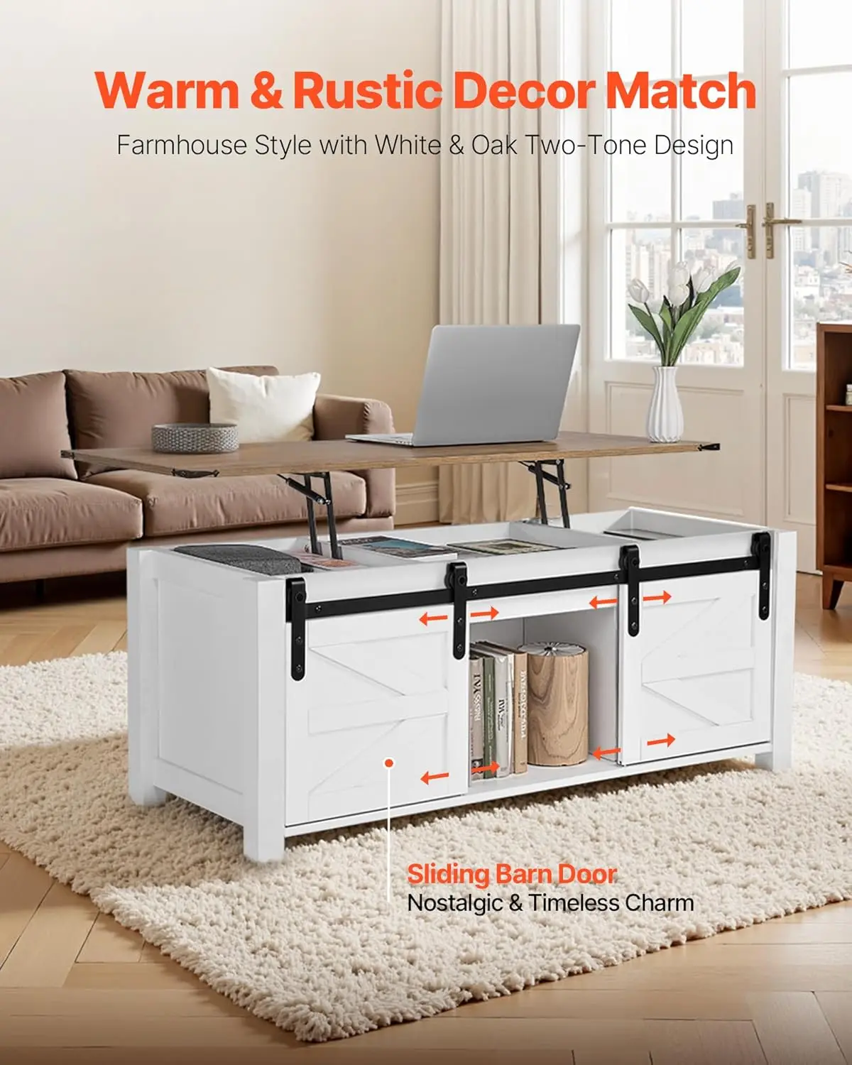 طاولة قهوة ريفية للمزرعة البيضاء مقاس 47.2 بوصة - طاولة علوية مستطيلة حديثة مع باب الحظيرة،